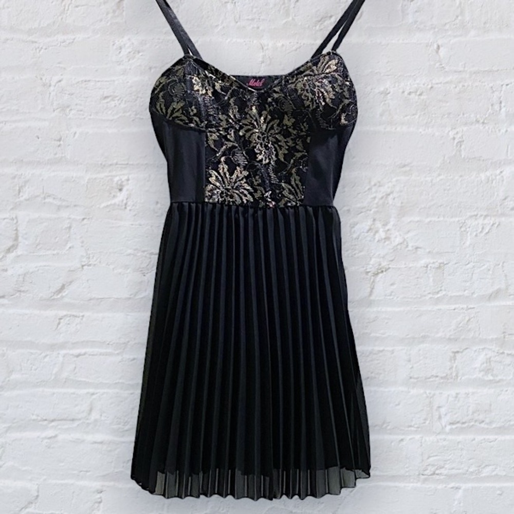 Motel Black and Gold Floral Print Corset Bustier Style Mini Dress Pleated Skirt